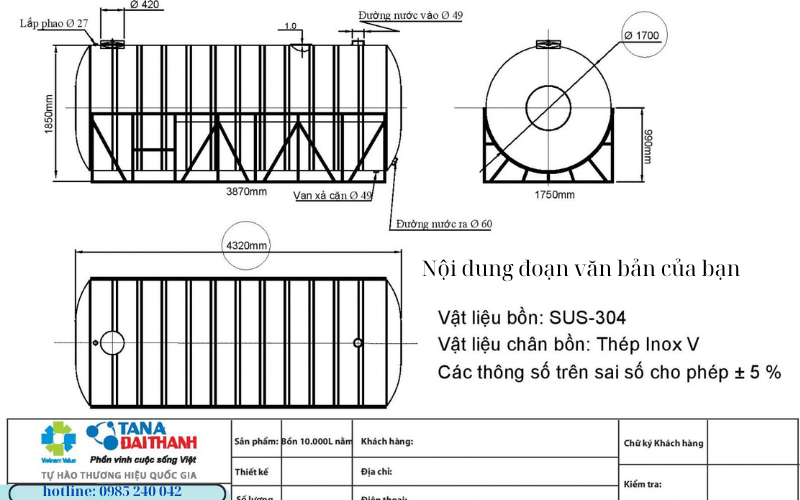 Bồn inox Đại Thành 10000 lít ngang 7 Bồn inox 10000 lít nằm Đại thành 1700
