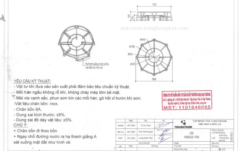 Bồn inox Đại Thành 10000 lít đứng 8 Chân bồn 10000 lít đứng dk 1700