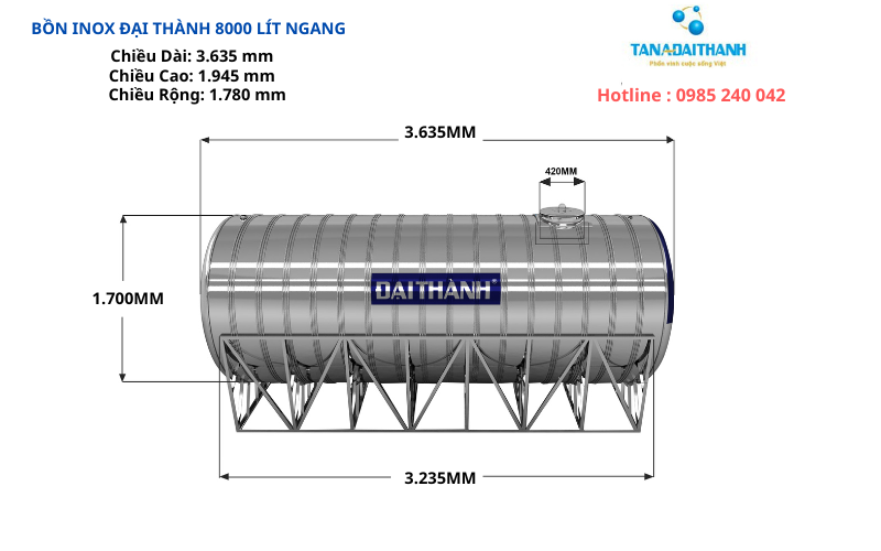 Bồn inox Đại Thành 8000 lít ngang 7 Bồn nước inox Đại Thành 8000 lít ngang